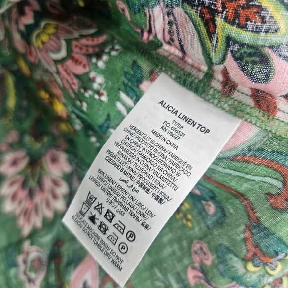 Boden Alicia Peasant Blouse Green Floral Paisley Linen Blend Puff Sleeve Size 2 - Picture 6 of 10